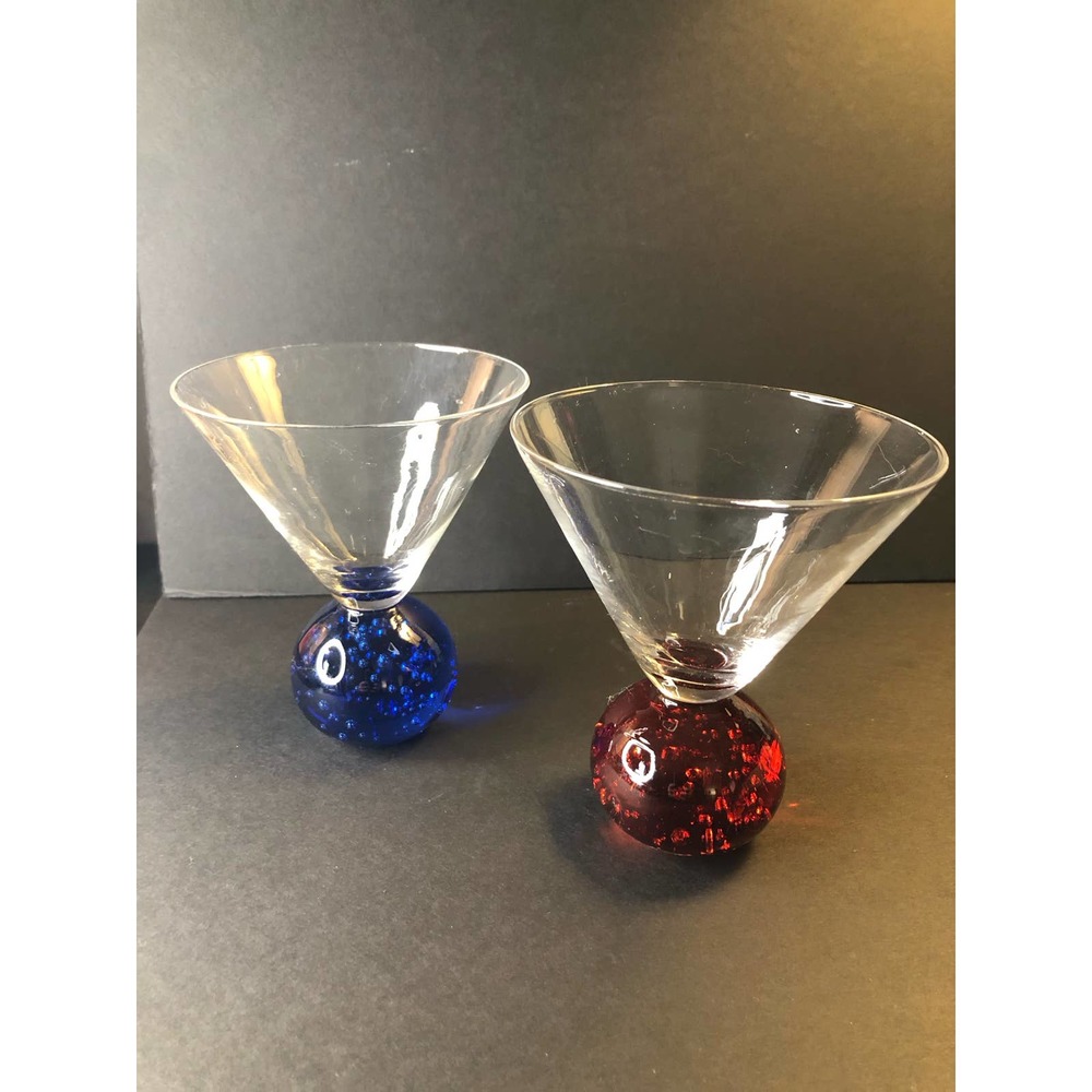 Pair of hand blown martini glasses, red and blue bubble base